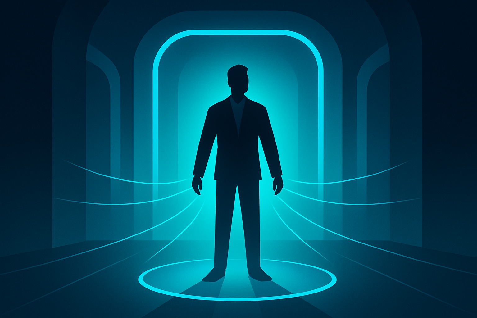 Poised figure standing in neon-lit chamber symbolizing authority, influence, and strategic connection.