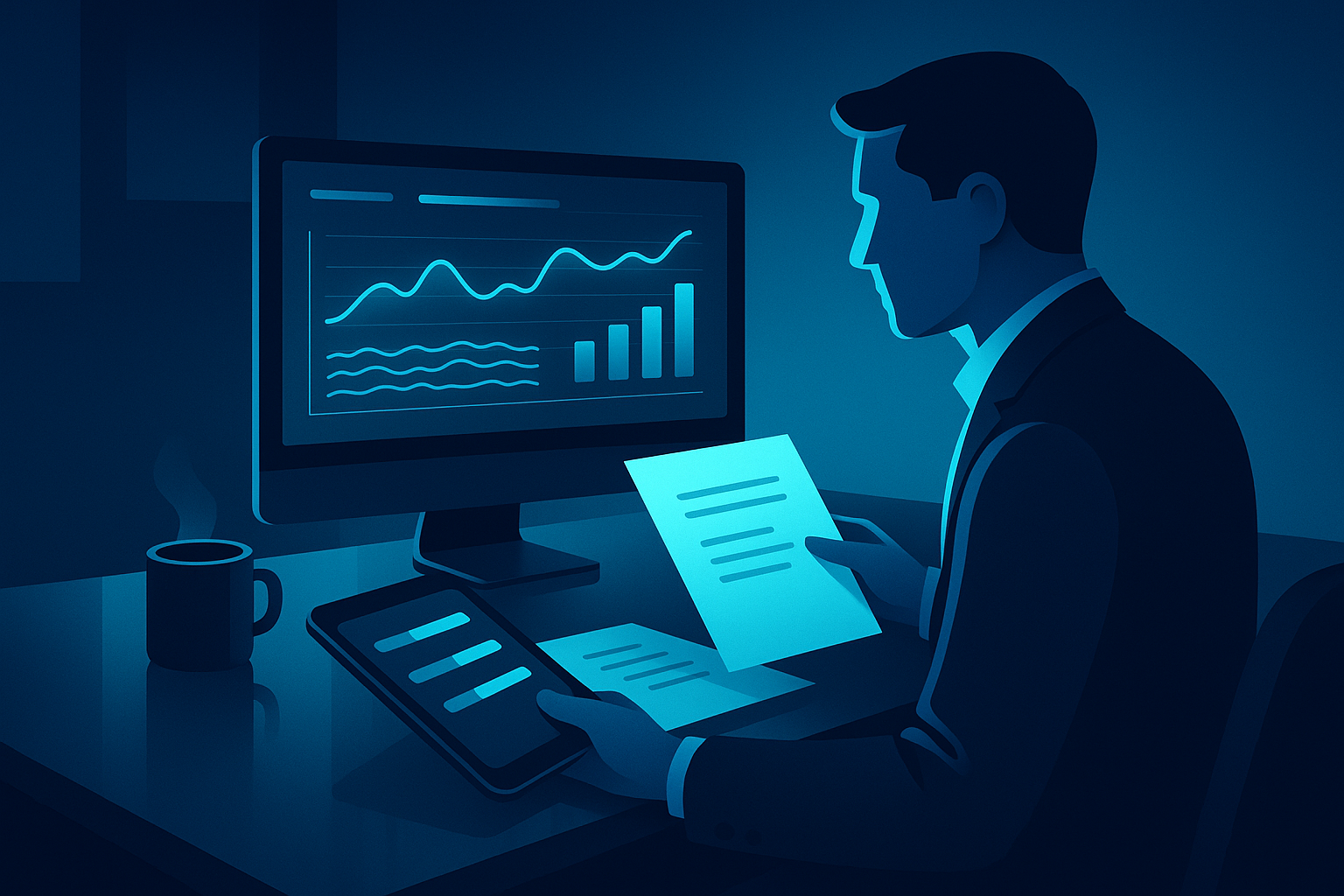 Professional reviews documents and tablet displaying progress bars in a tech-themed workspace.