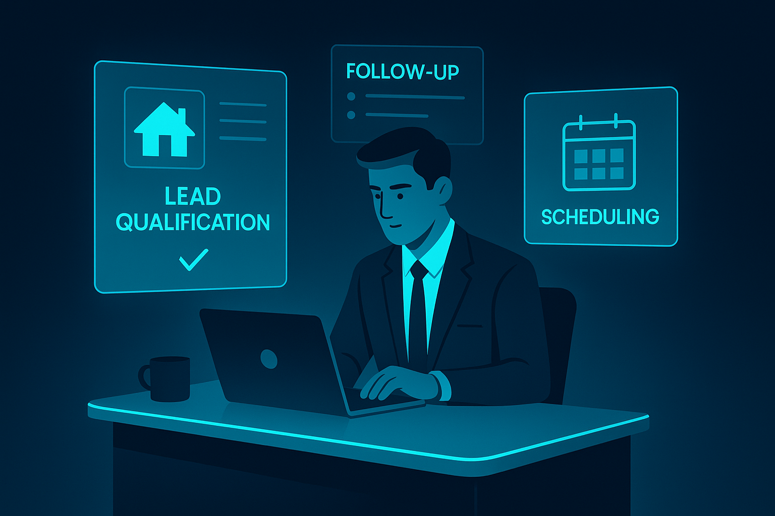 Real estate agent at desk with floating digital task windows in neon blue tones.