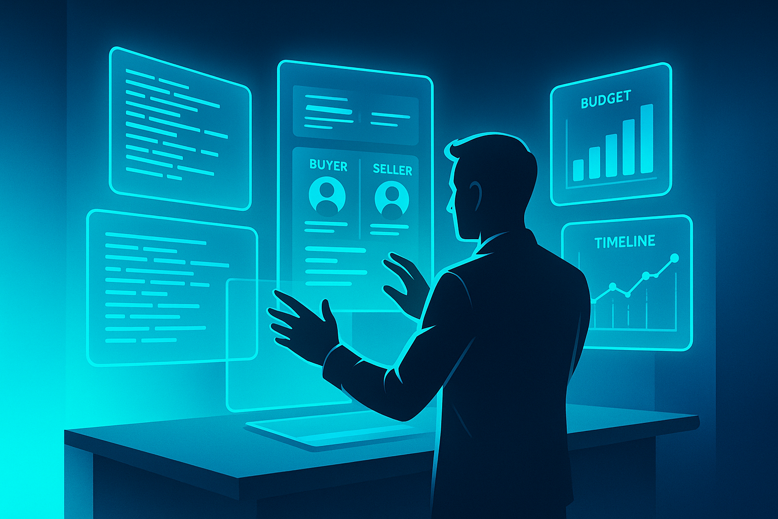 Silhouette interacts with floating holographic screens displaying data and charts in a neon-lit modern workspace.