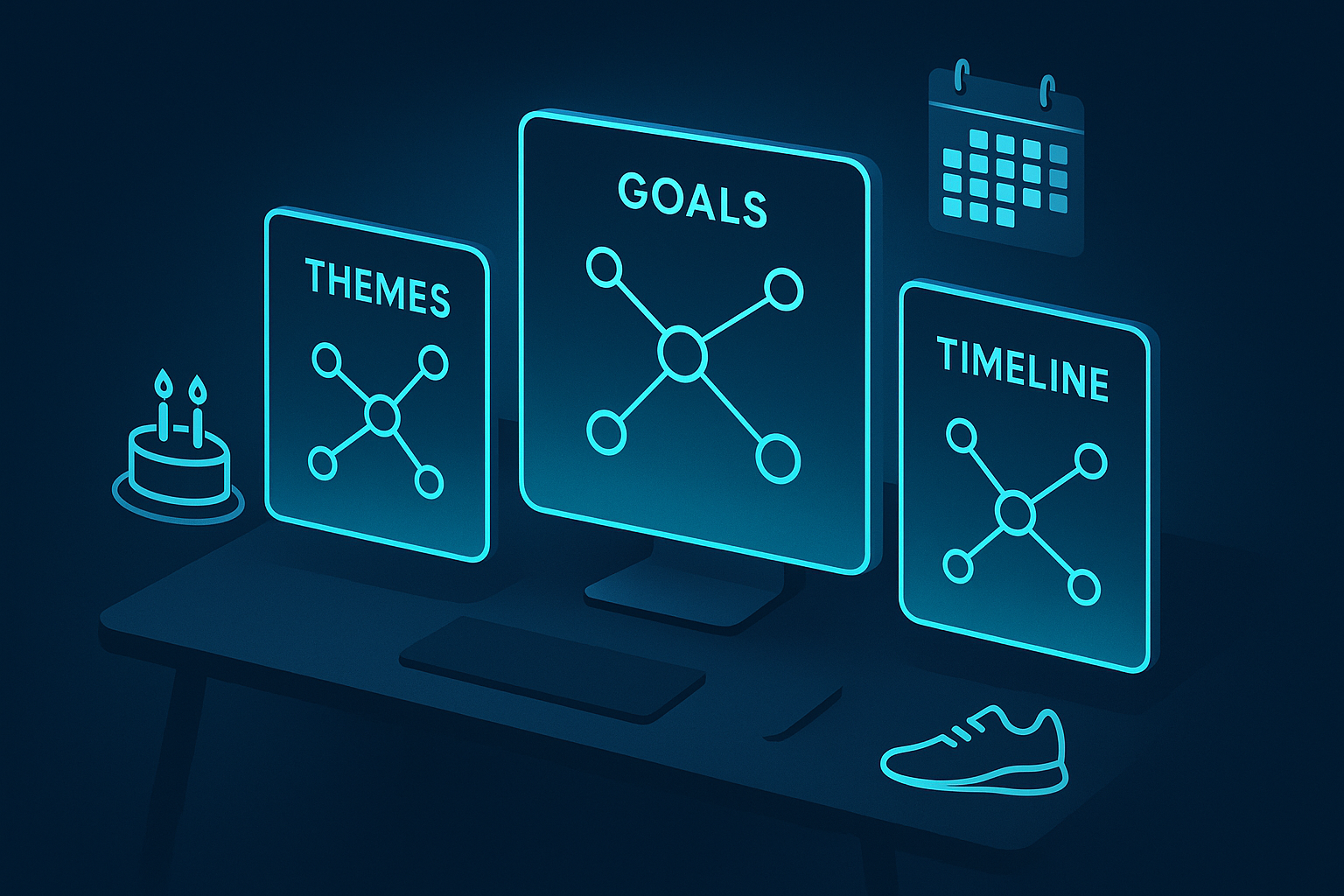 Sleek digital workspace with glowing cyan screens, icons for goals, events, and planning.