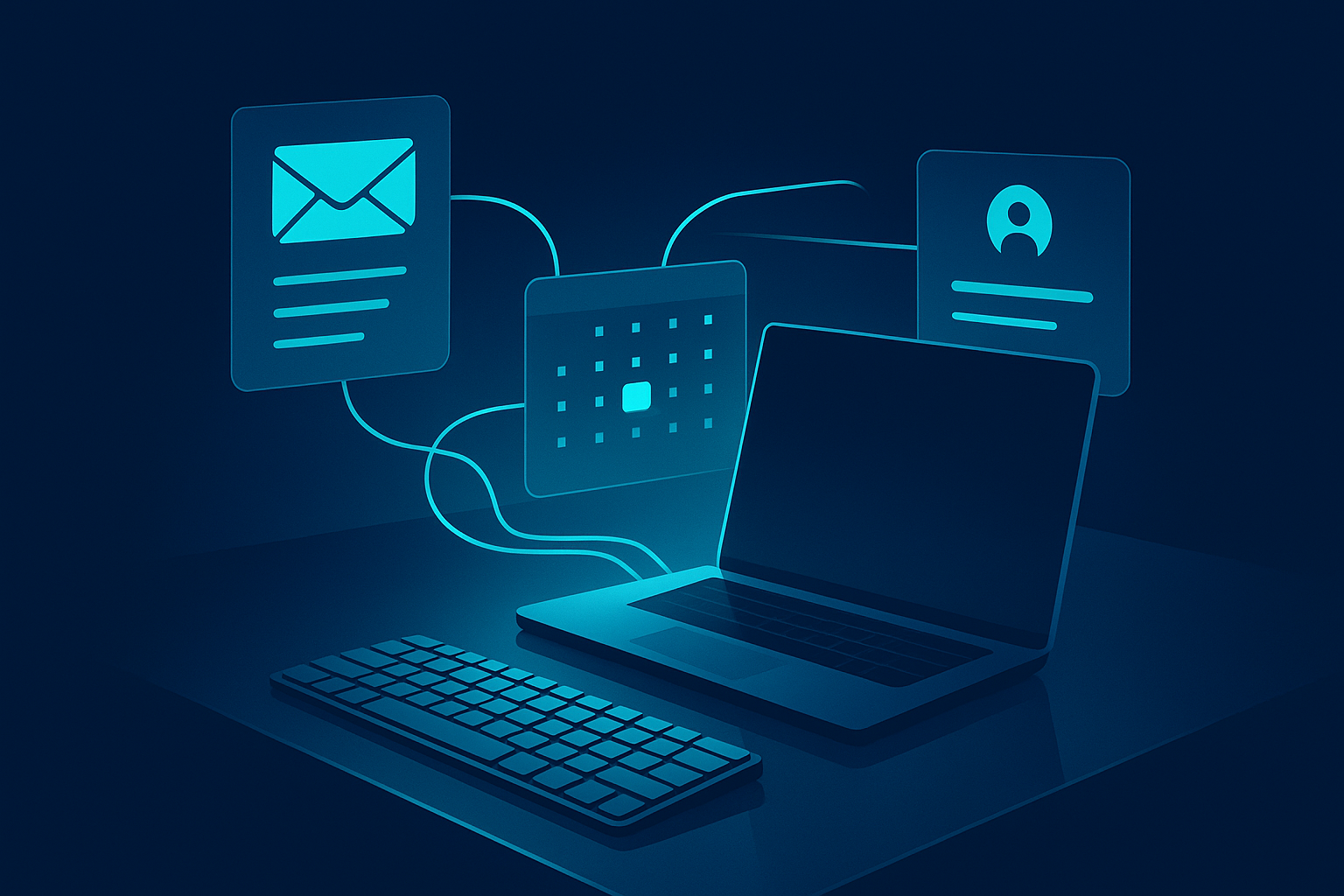 Sleek digital workspace with glowing data streams, floating panels, keyboard, and reflective glass surface.