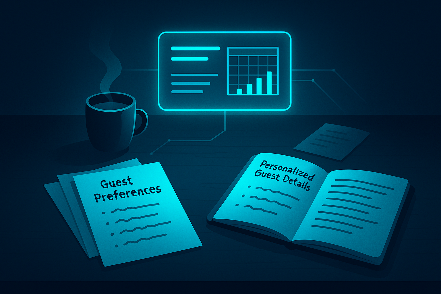 Sleek tech workspace with neon interface, notes, coffee, calendar, and holographic data connections.