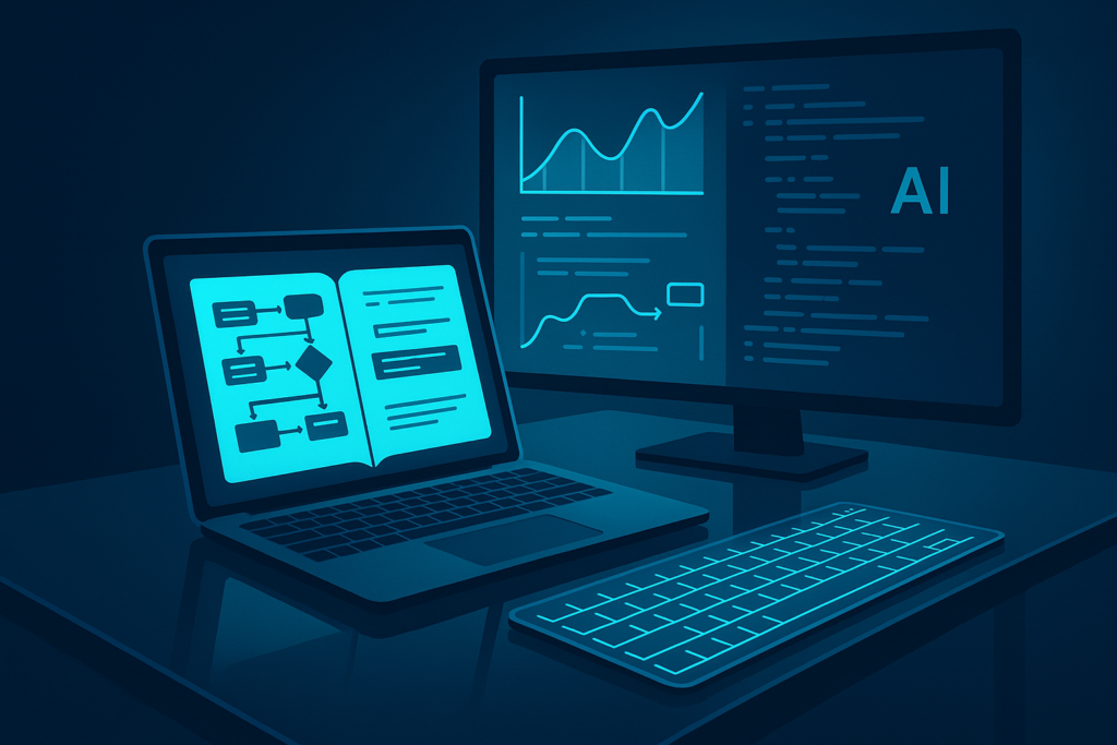 Sleek workspace with digital planner, holographic keyboard, transparent screen displaying graphs and scripts.