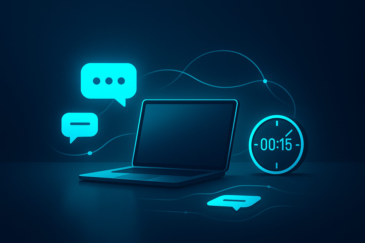 Sleek workspace with glowing message bubbles, countdown clock, and interconnected lines in neon blue tones.