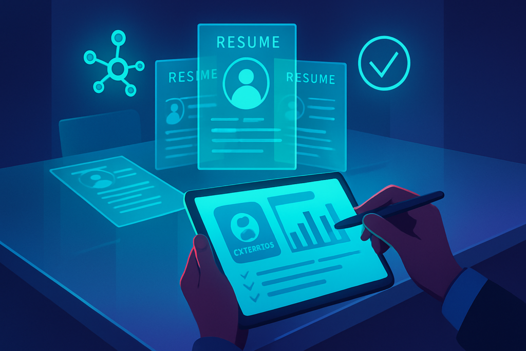 Sleek workspace with holographic resumes, tablet displaying analytics, and network icons in neon blue.