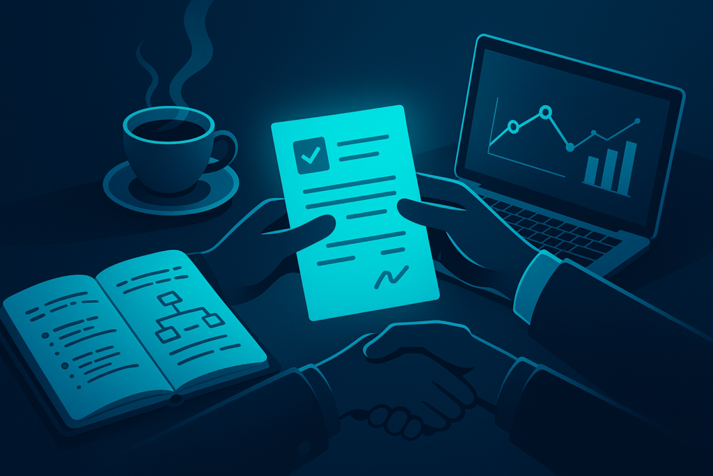 Sleek workspace with notebook, coffee, exchanging hands over glowing digital contract, laptop with graphs.