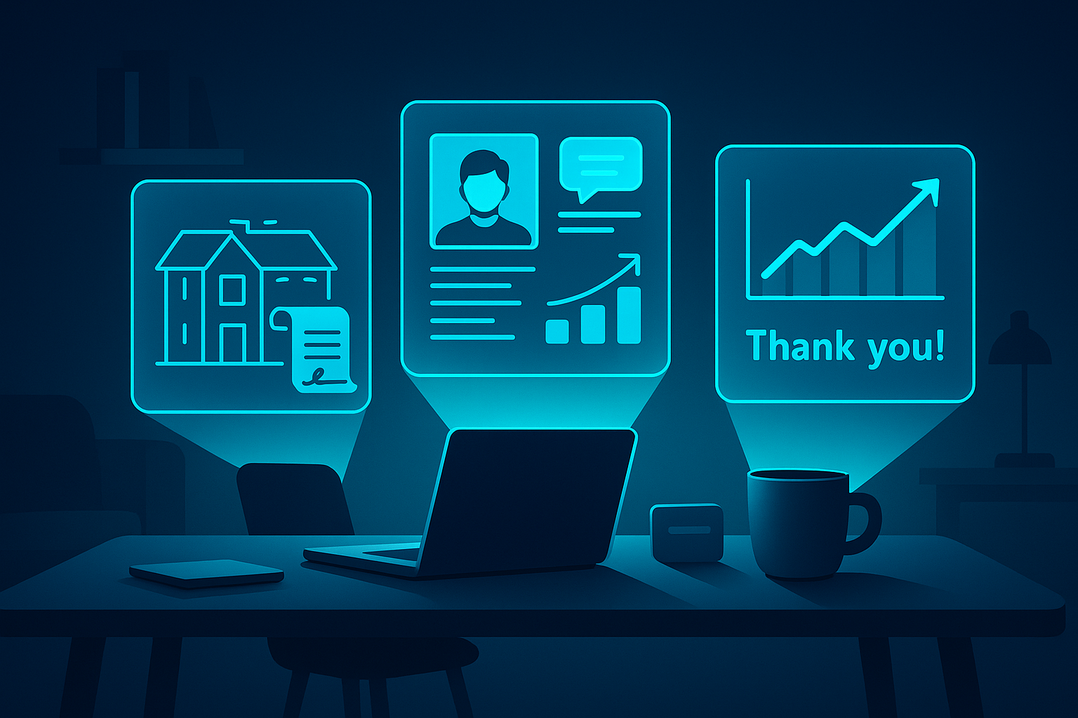 Sleek workspace with three floating holographic panels displaying blueprints, resumes, and donation graphs.