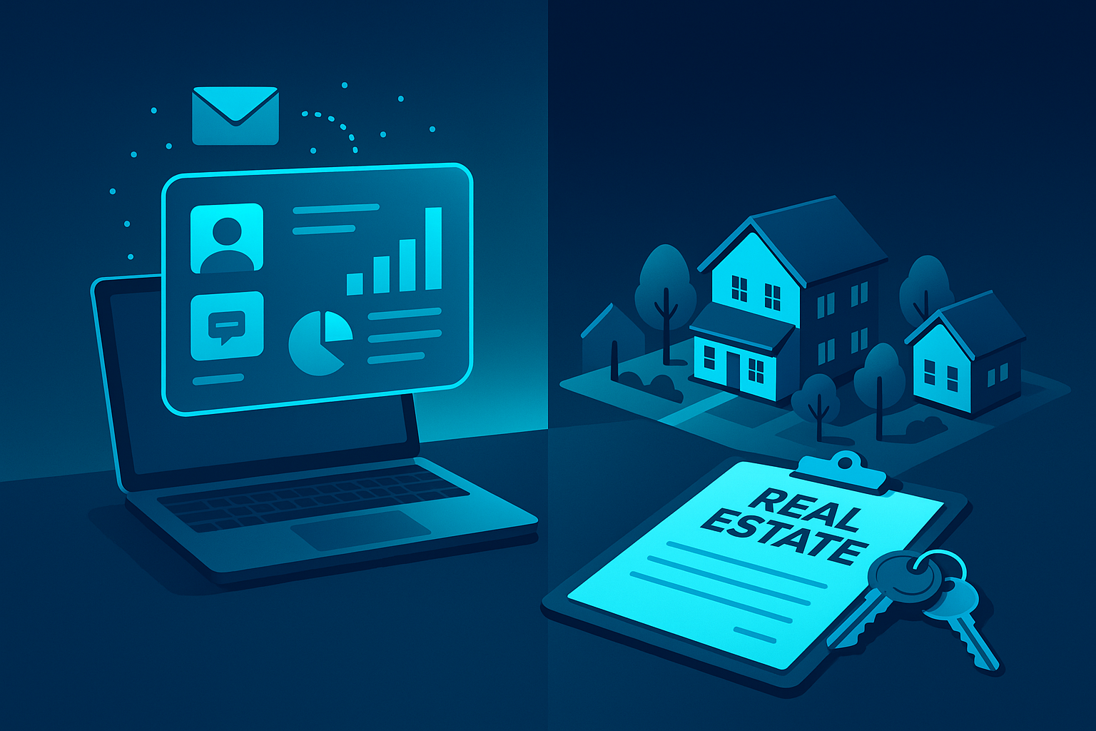 Split scene with digital interface and neighborhood model on a glowing desk.