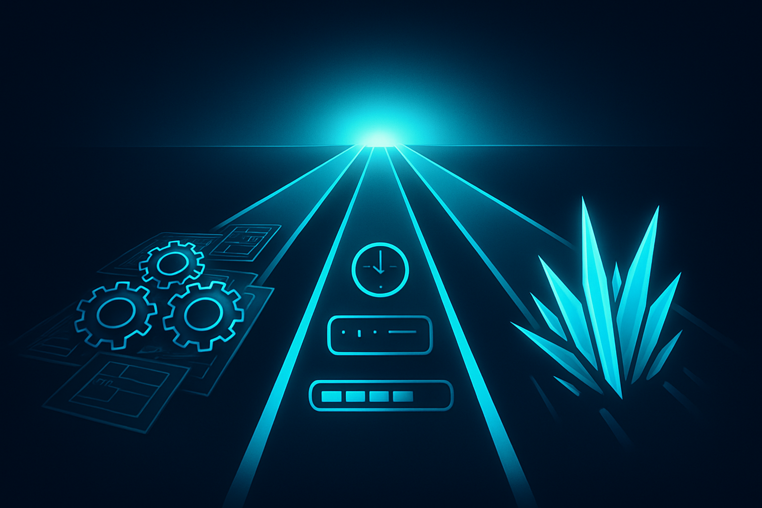 Three illuminated paths converge toward a glowing center amid gears, clocks, and crystalline shards.