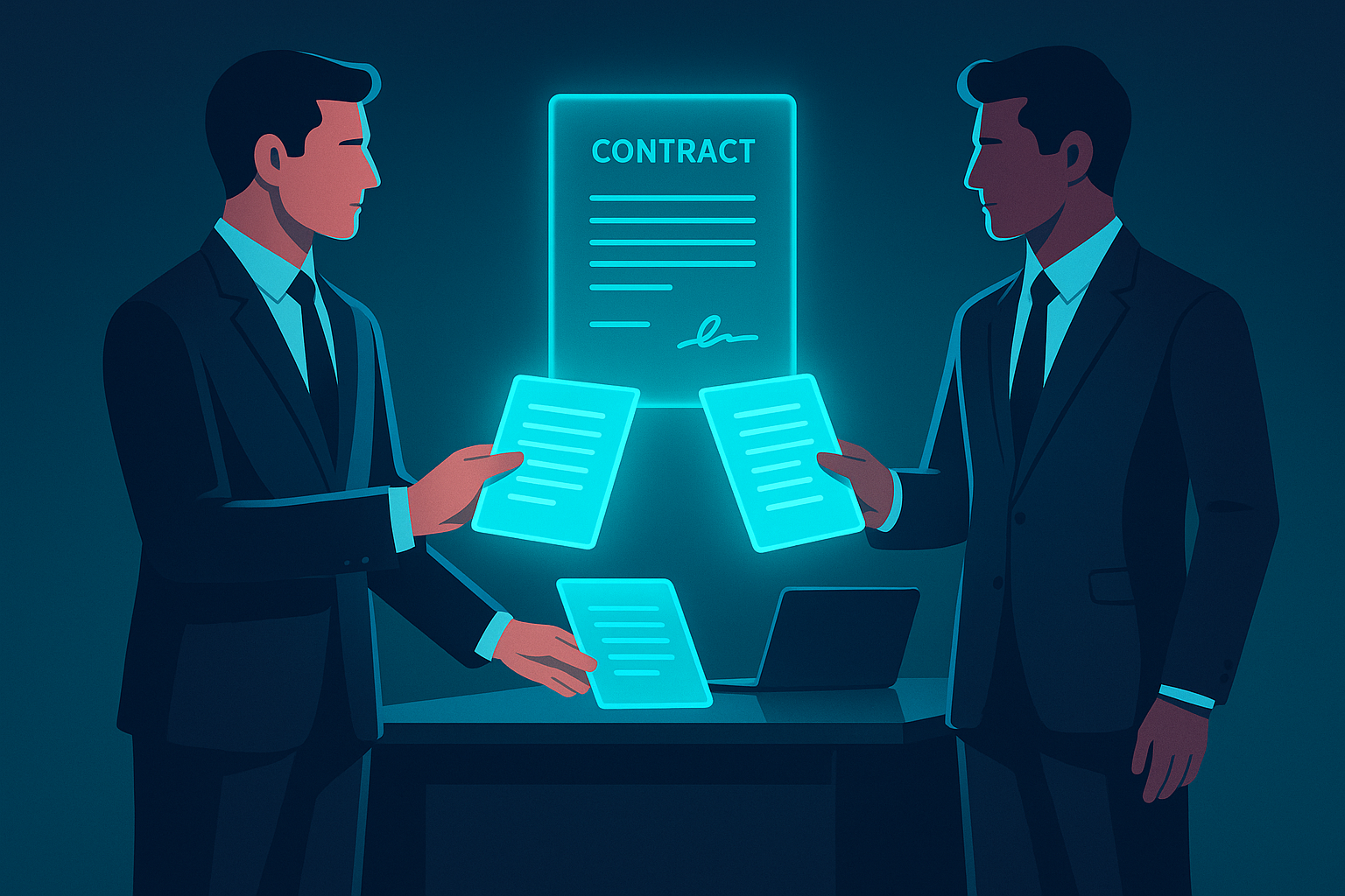 Two professionally dressed figures exchange glowing digital documents in a neon-lit, holographic workspace.