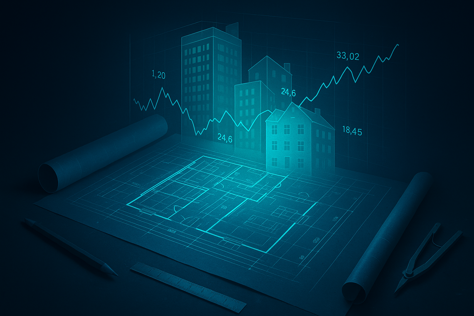 Architectural blueprint with overlays, graphs, measuring tools on a dark neon-lit tech background.