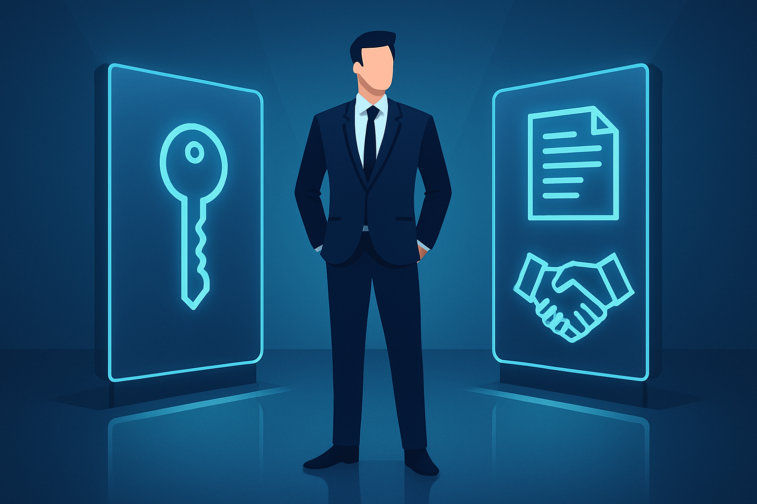 Confident professional between digital panels displaying keys, contracts, and handshake icons with neon highlights.
