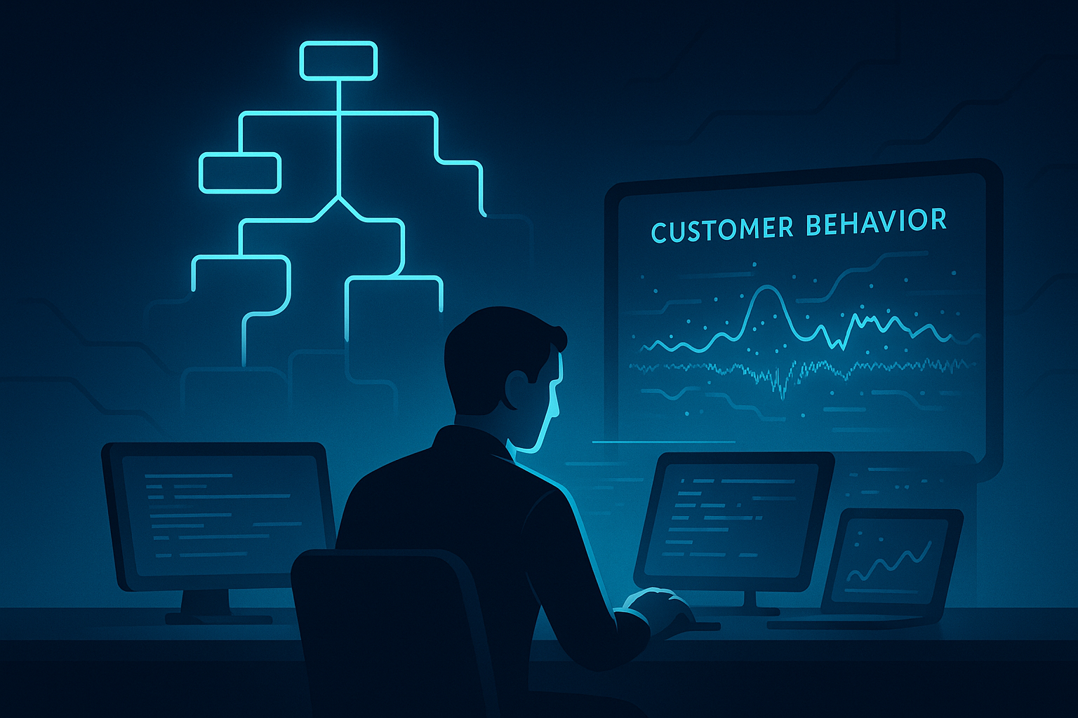 Control room with holographic data streams and decision tree network in neon-lit environment.