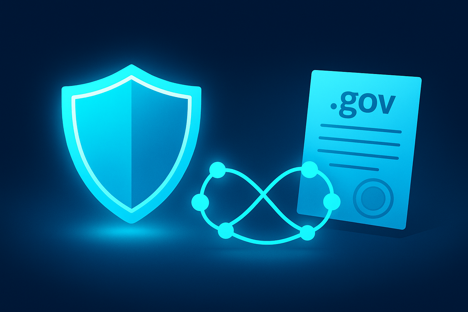 Digital shield, interconnected nodes, and official document with .gov emblem on dark neon background.