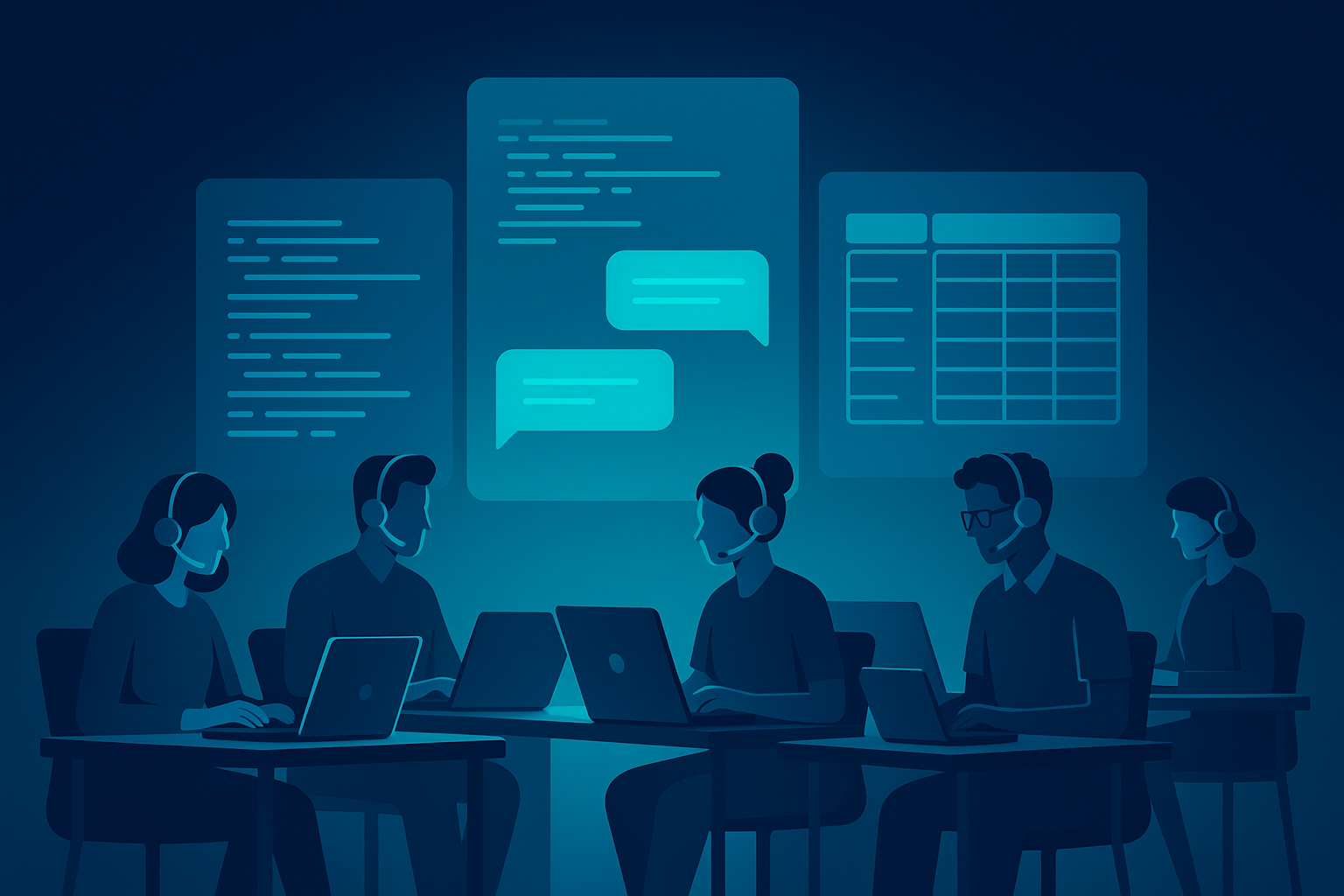 Diverse team working at sleek desks with digital screens displaying code, chat, and data.