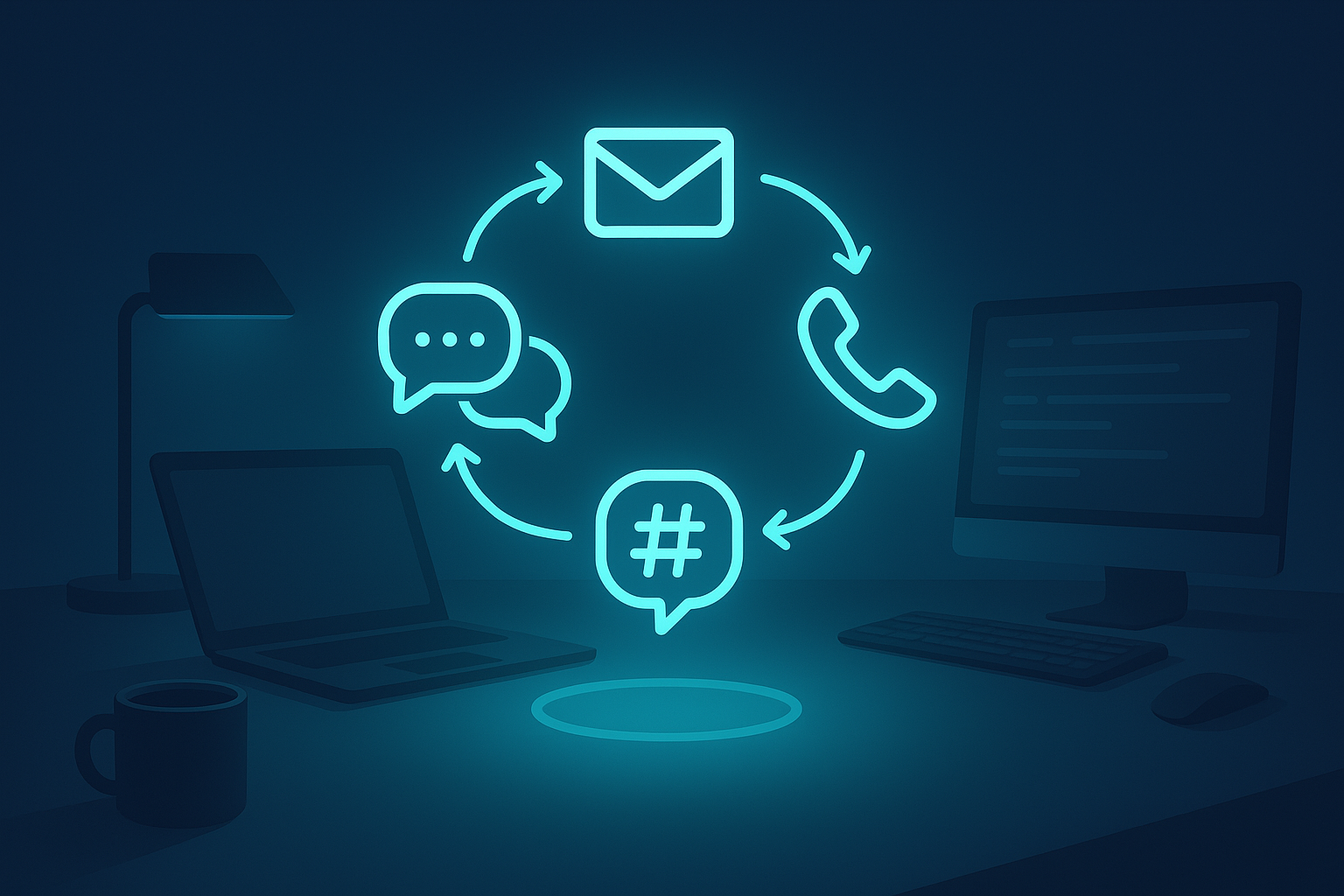 Flat illustration of a holographic interface with interconnected communication icons in neon cyan.