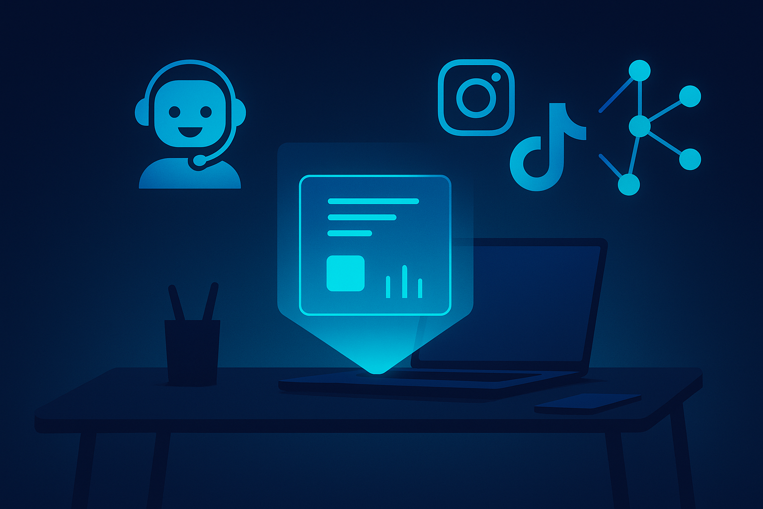 Flat illustration of a neon-lit tech workspace with holographic interface and social media icons.
