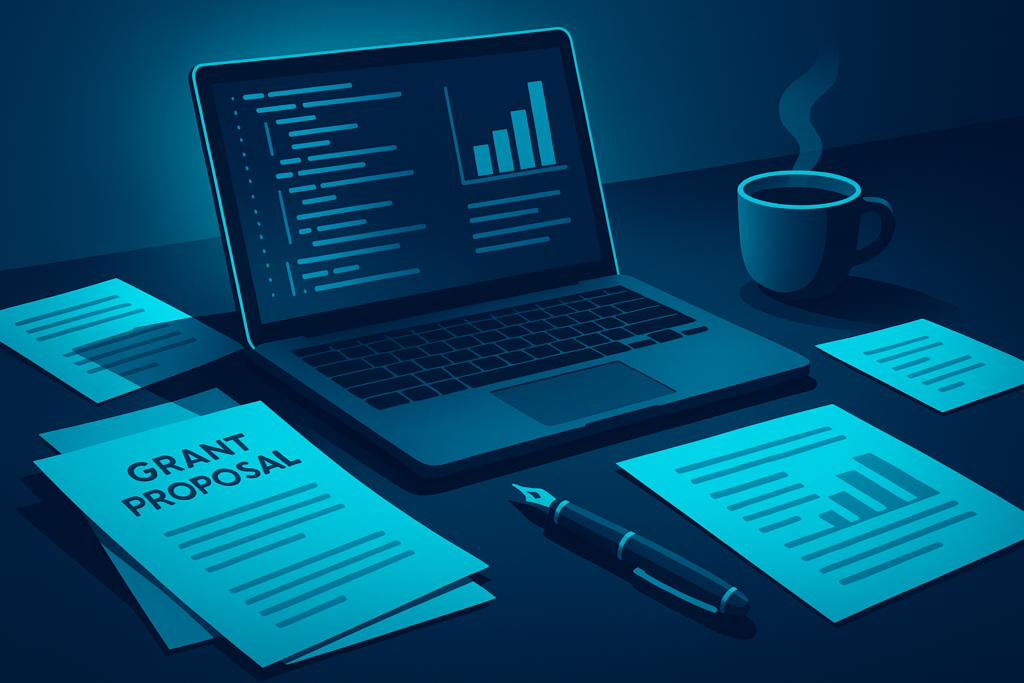 Flat illustration of a neon-lit workspace with laptop, documents, pen, and coffee on a dark gradient background.