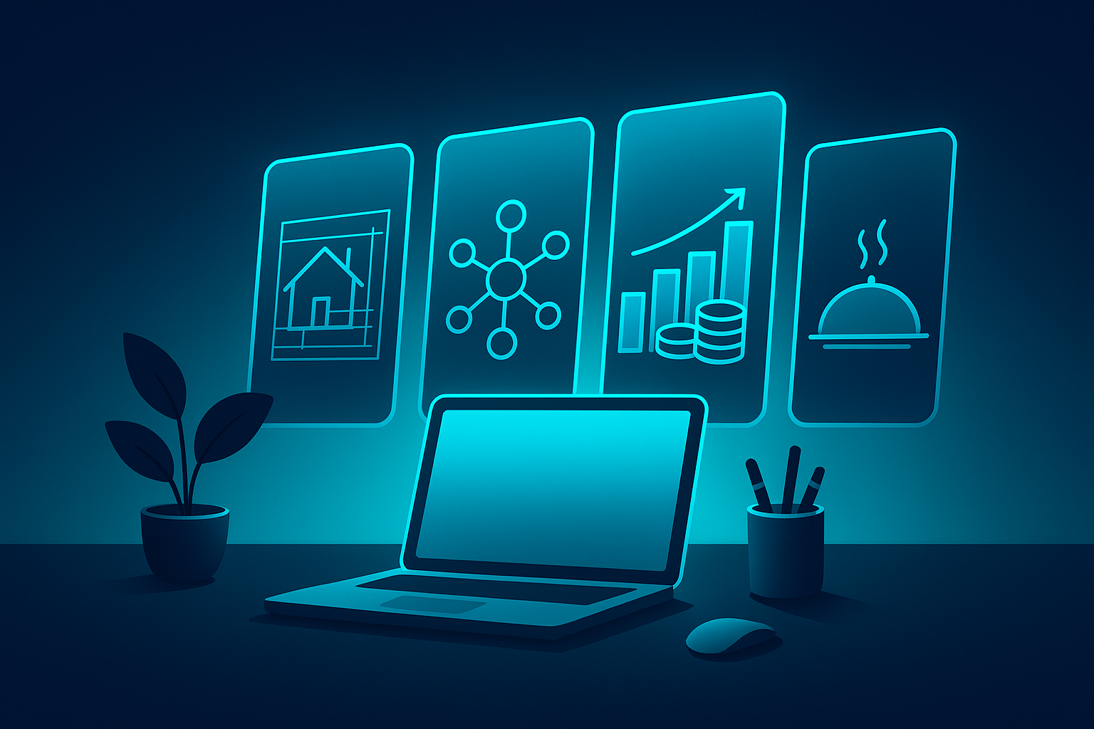 Flat illustration of four glowing panels representing real estate, recruitment, fundraising, and hospitality.