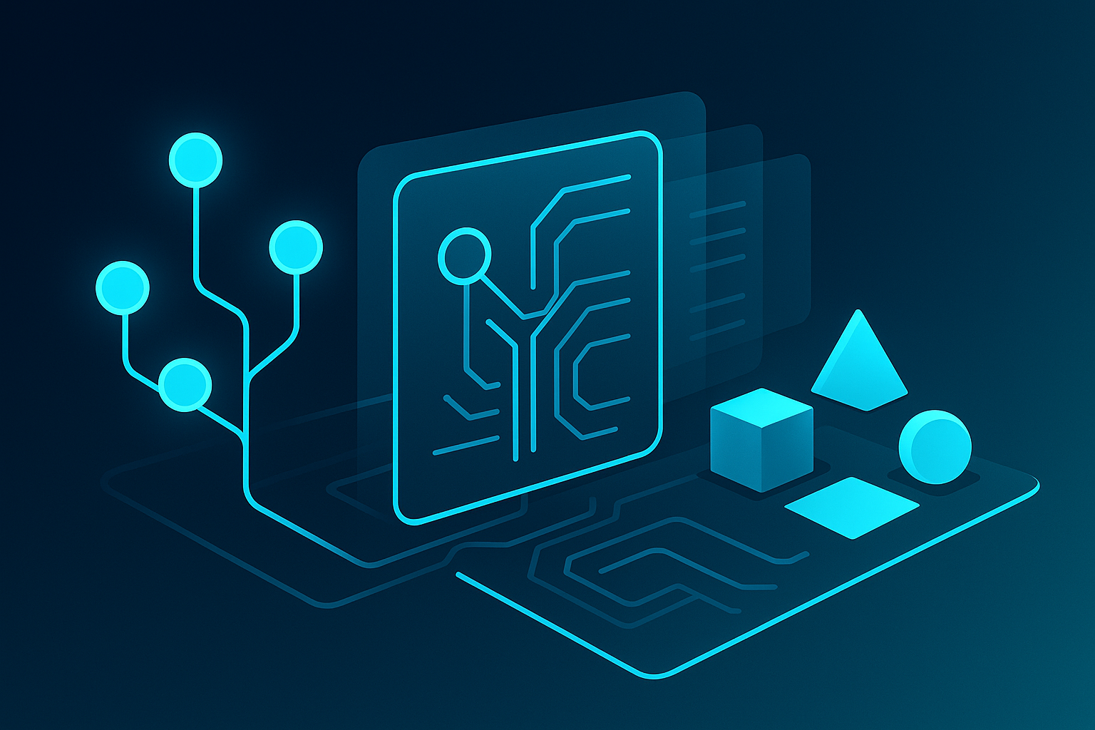 Flat illustration of interconnected glowing digital nodes and circuit panels on dark blue background.
