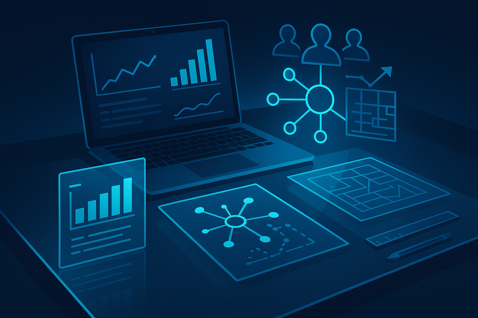 Flat tech workspace with data charts, network nodes, holographic silhouettes, and growth maps.