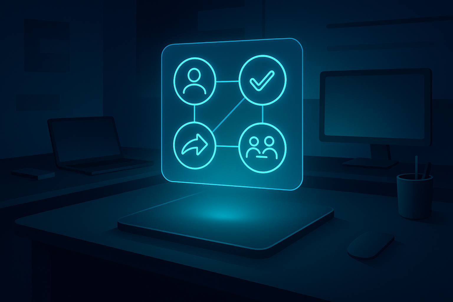 Flat tech workspace with neon-lit digital interface showing interconnected icons for engagement and automation.