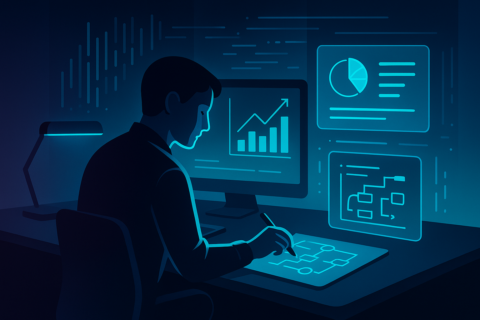 Focused person at desk with holographic charts and data streams in a neon-lit workspace.