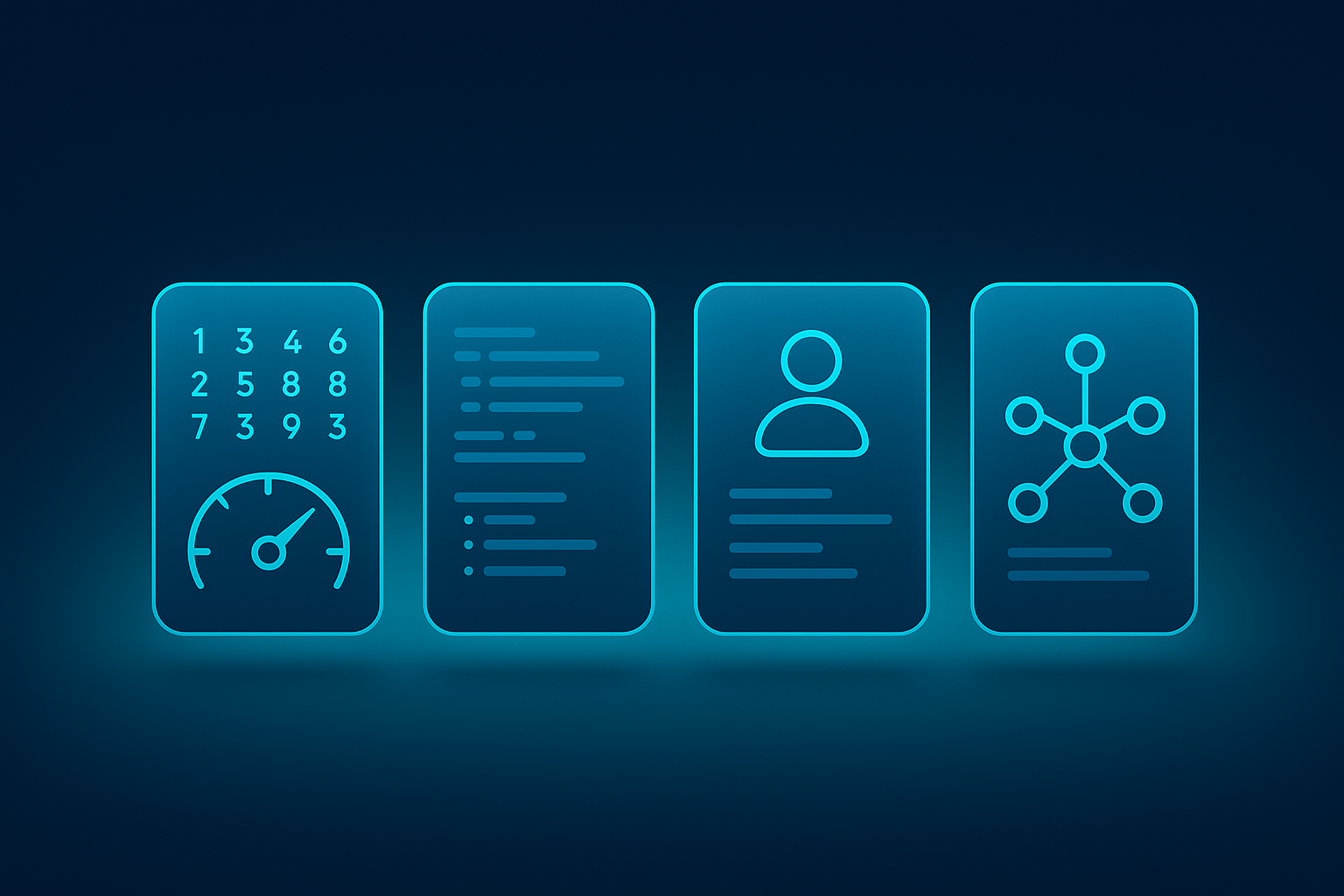 Four glowing translucent data panels with numerical grids and network icons over dark blue background.