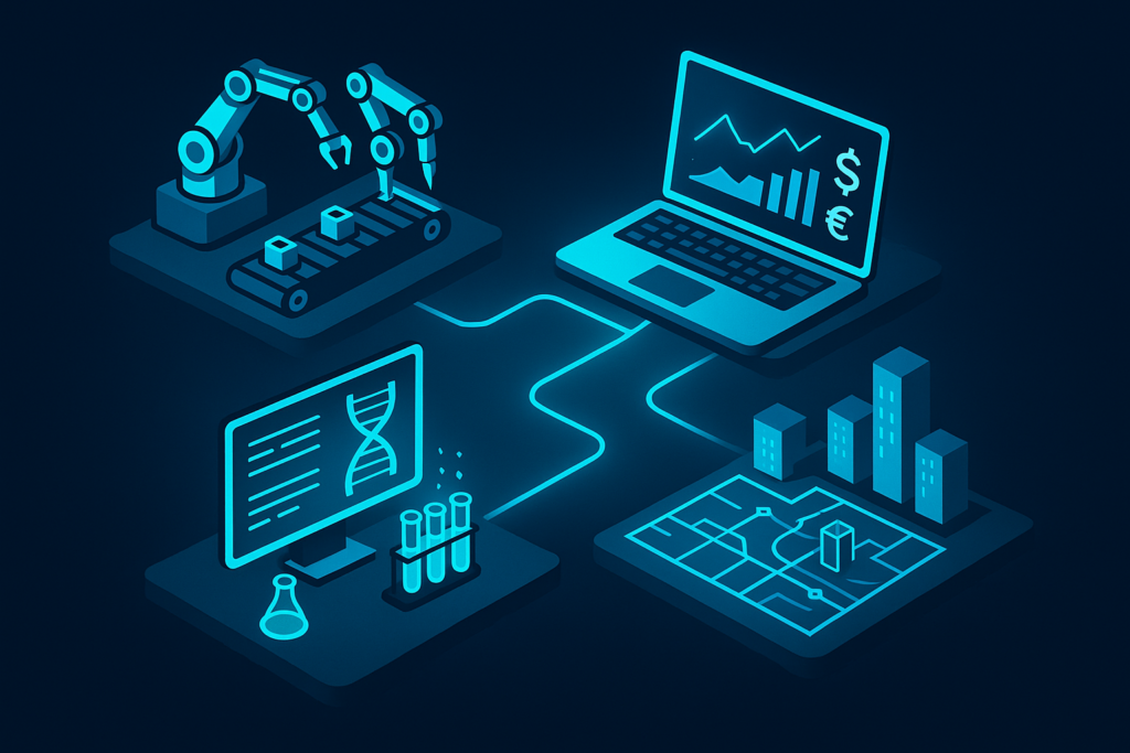 Four interconnected workspaces: factory, finance, healthcare, and urban planning, with neon highlights.