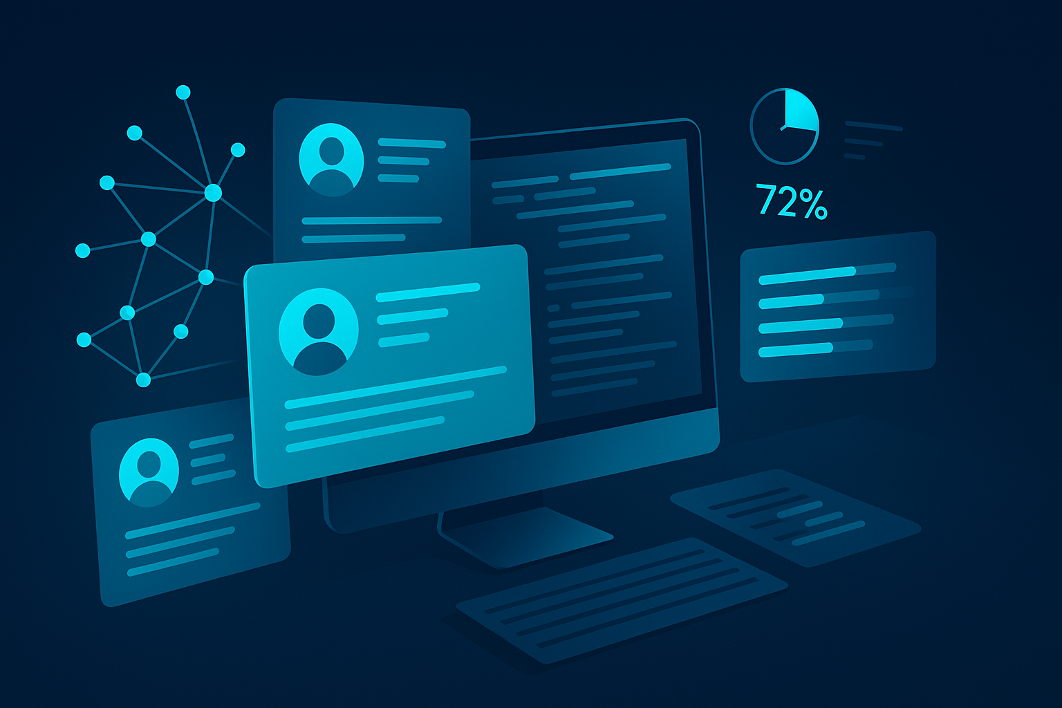 Futuristic digital workspace with data panels, interconnected nodes, and ranking bars in neon blue tones.