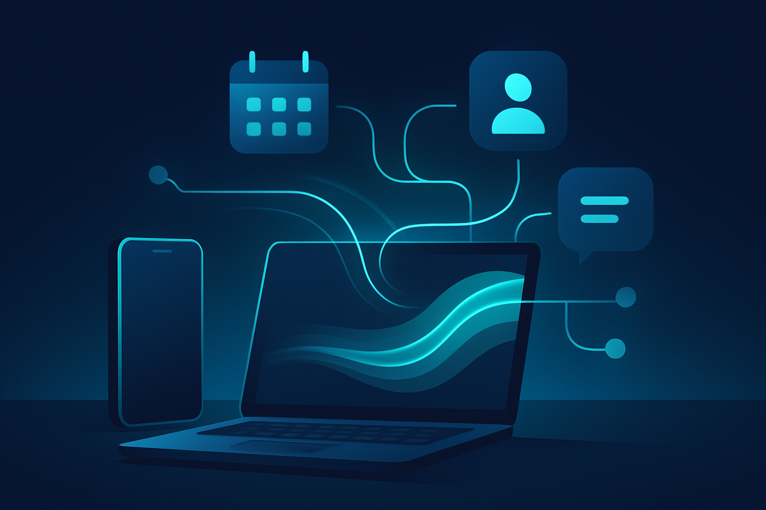 Futuristic digital workspace with glowing cyan data streams connecting icons in a dark, neon-lit environment.
