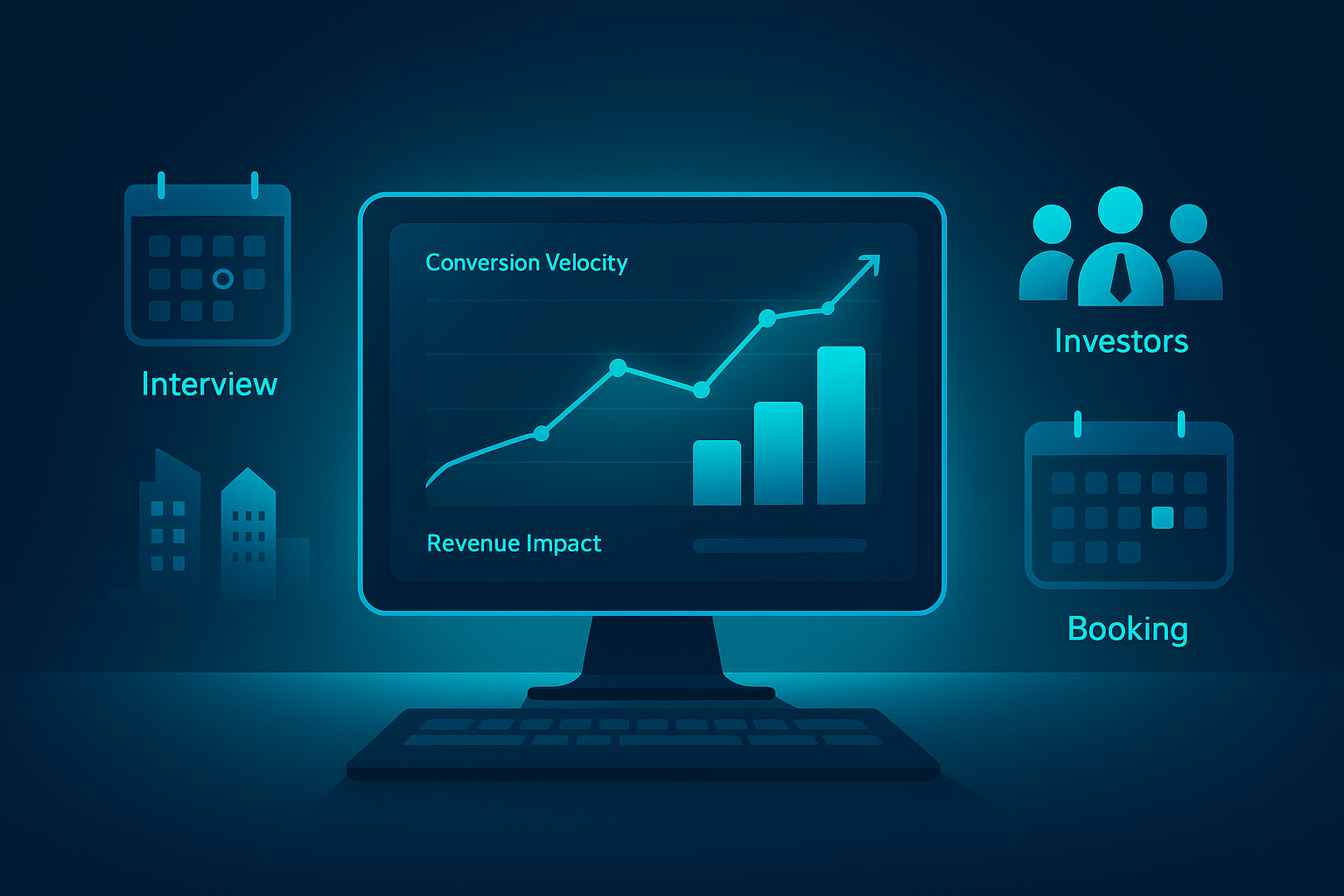 Futuristic workspace with digital dashboard, charts, calendar, buildings, and meeting icons in neon blue tones.