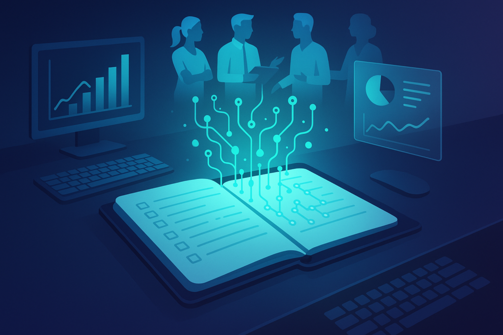 Futuristic workspace with digital planner, data streams, holographic professionals, glowing keyboards, and analytics.