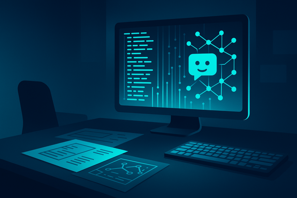 Futuristic workspace with holographic AI interface, glowing code, blueprints, and cyan-lit keyboard.