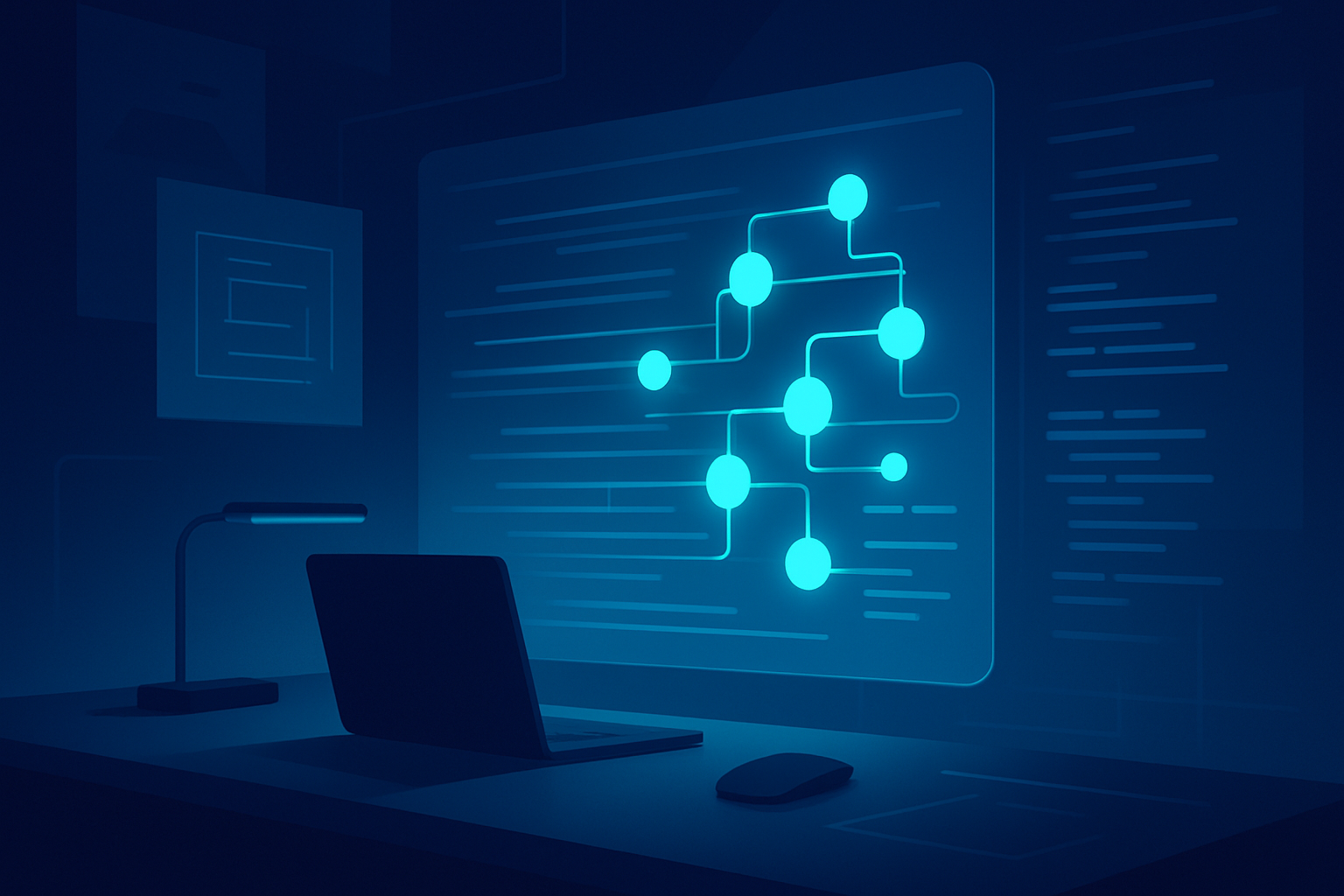 Futuristic workspace with holographic data streams, glowing nodes, digital blueprints, and code.
