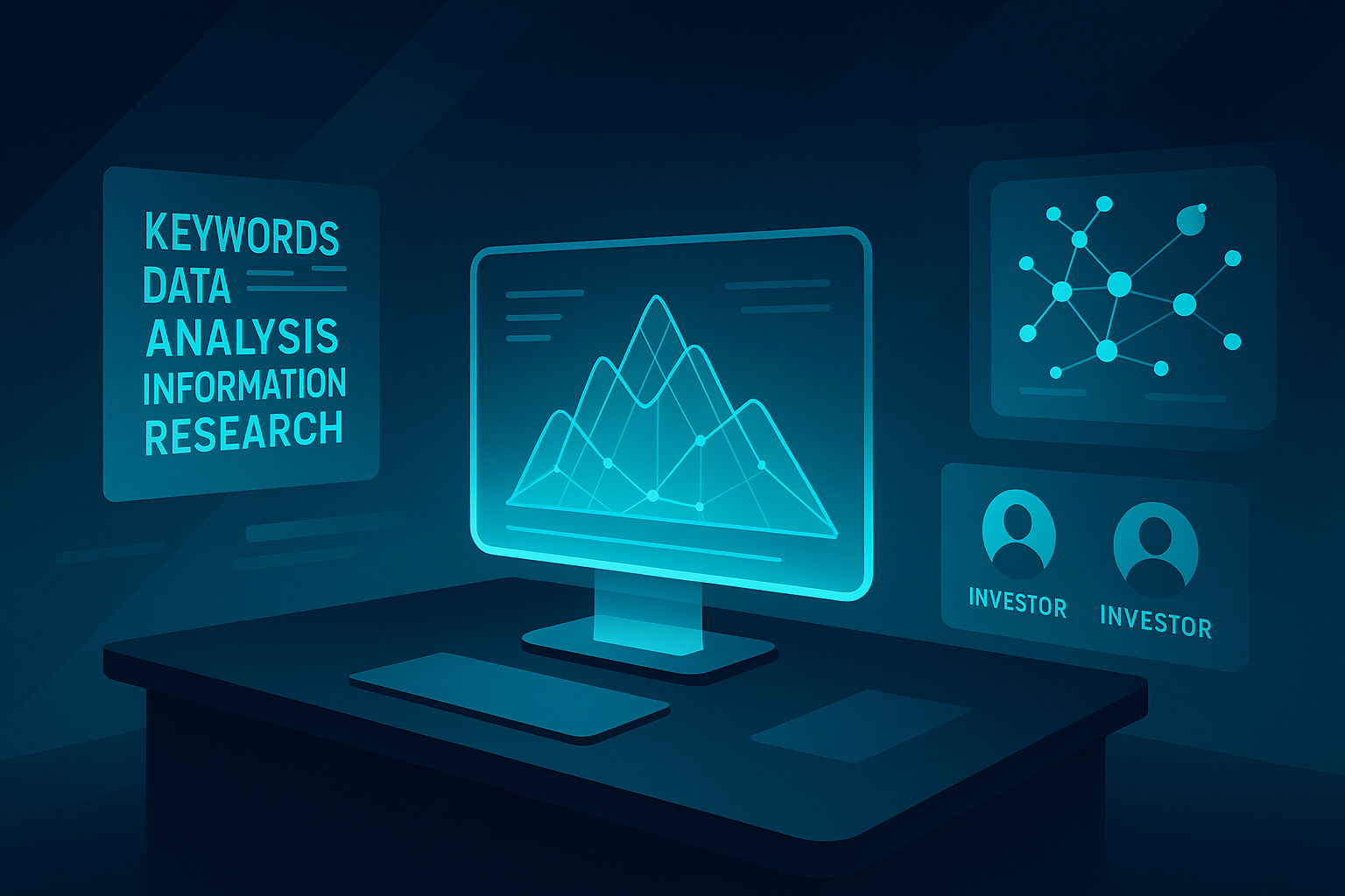 Futuristic workspace with holographic display, digital panels, and glowing data icons in neon blue and cyan.