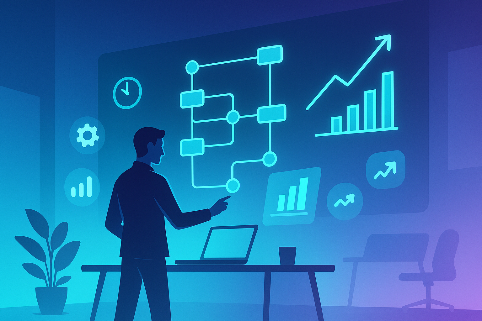 Futuristic workspace with holographic flowchart, digital interfaces, and icons symbolizing growth.