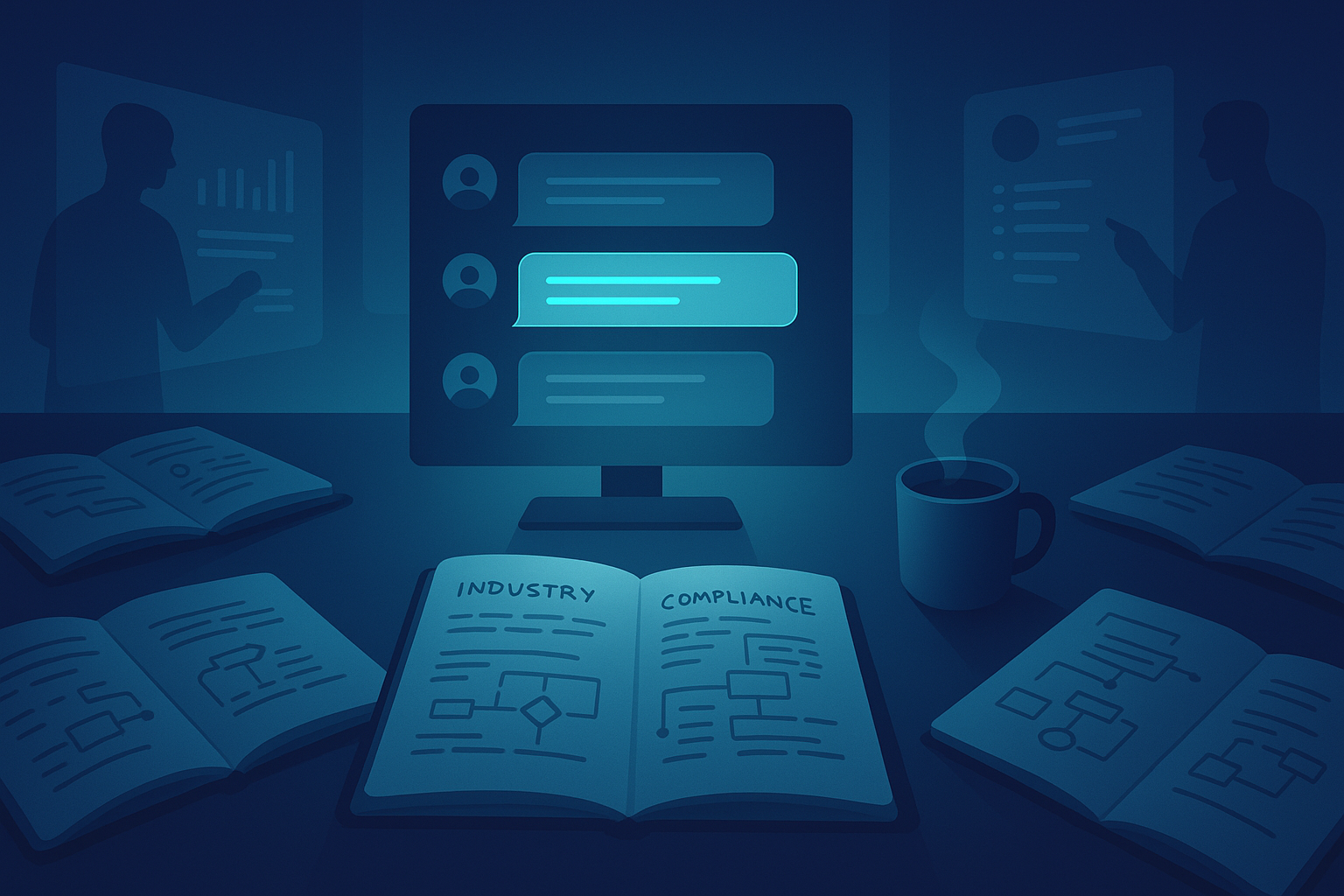 Futuristic workspace with holographic interface, notebooks, coffee, and silhouettes reviewing data.