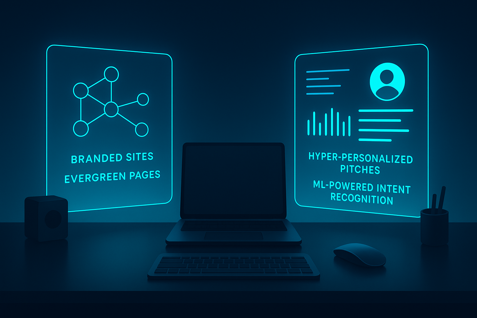 Futuristic workspace with holographic interfaces displaying digital nodes, data streams, and profiles.