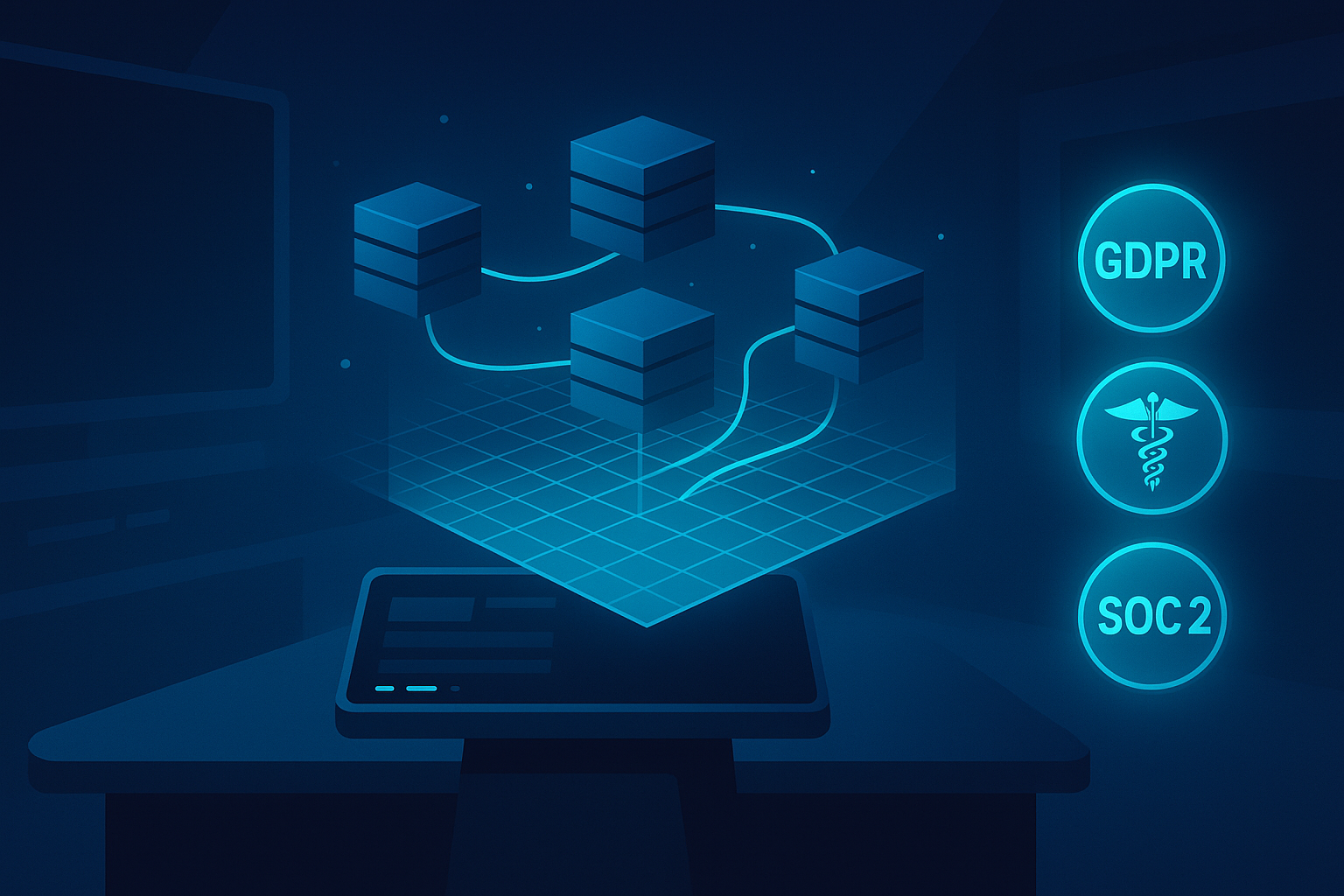 High-tech control room with holographic network, encrypted storage, and compliance badges.