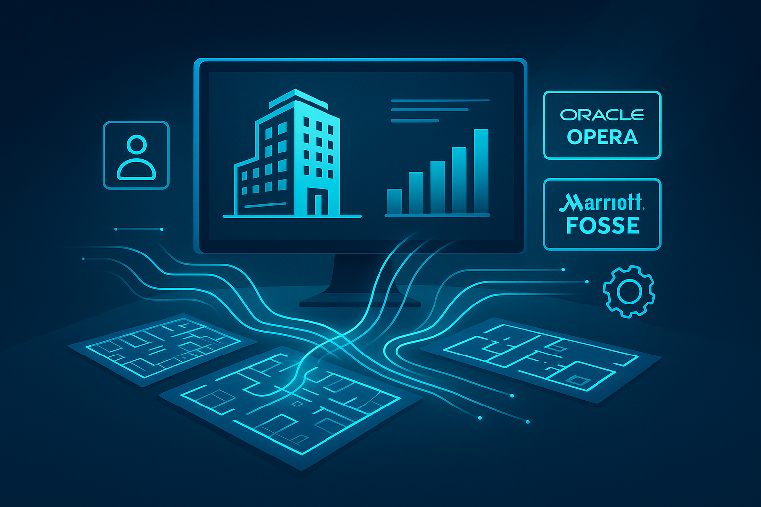 High-tech hotel command center with digital blueprints and glowing data streams in blue and cyan