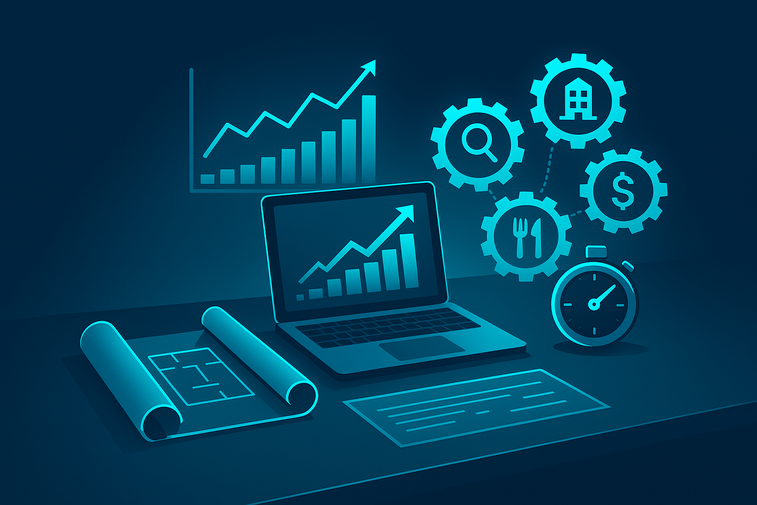 High-tech workspace with blueprint, growth charts, stopwatch, and interconnected industry gears in neon blue tones.