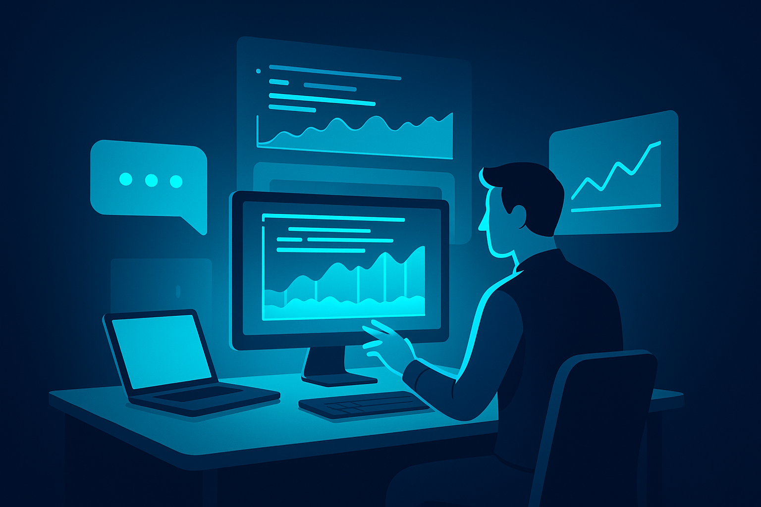 High-tech workspace with holographic data interface and professional interacting with floating panels.