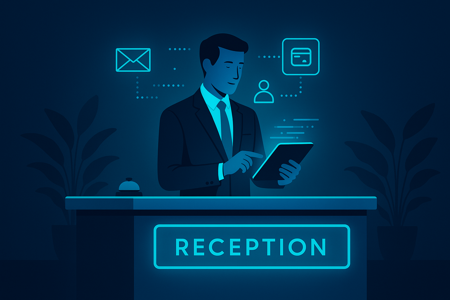 Hospitality manager reviews digital tablet in sleek, neon-lit hotel lobby with holographic icons.