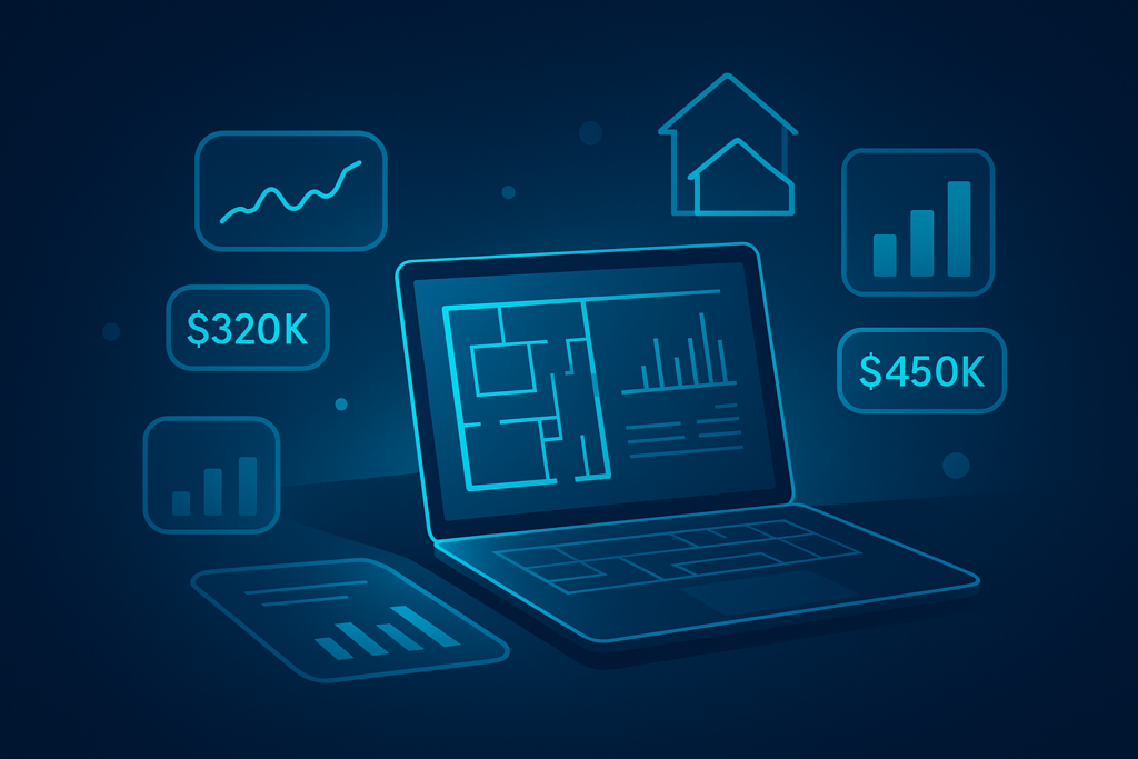 Minimalist digital blueprint with glowing data charts, holographic graphs, and property outlines.