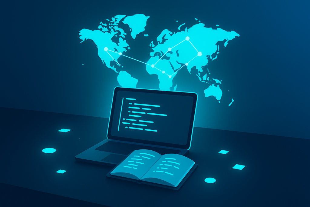 Minimalist workspace with glowing cyan code, holographic network, and data nodes on dark blue background.