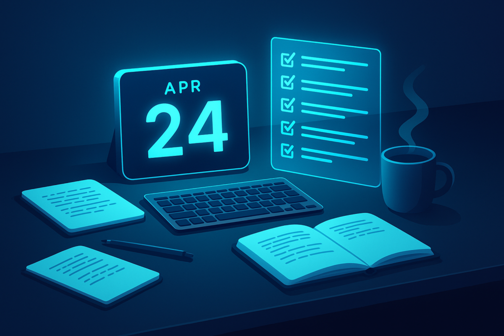 Minimalist workspace with glowing digital calendar, holographic task list, notebooks, keyboard, and coffee.