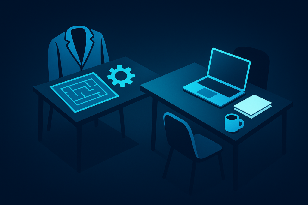Minimalist workspace with industry tools and office essentials facing each other in neon glow.