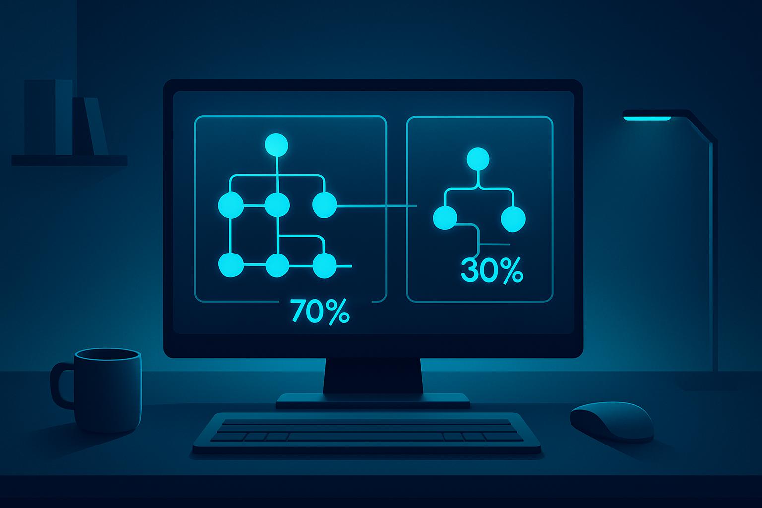 Modern digital workspace with connected flowcharts on translucent panels in dark blue and cyan tones.